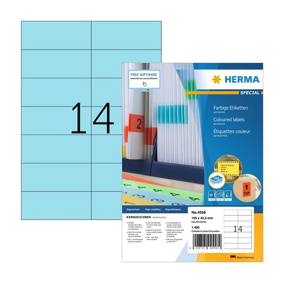 Etikett címke Herma 105x42.3 mm szegély nélküli kék 100 ív 1400 db/doboz