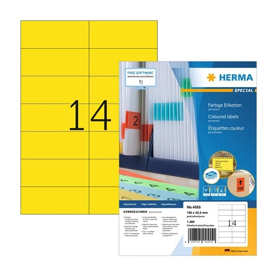 Etikett címke Herma 105x42.3 mm szegély nélküli sárga 100 ív 1400 db/doboz