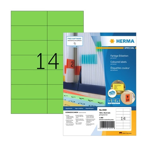 Etikett címke Herma 105x42.3 mm szegély nélküli zöld 100 ív 1400 db/doboz