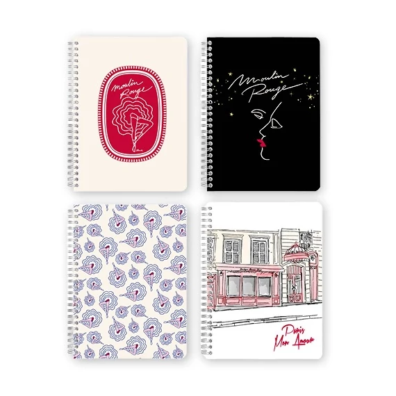 Jegyzetfüzet Clairefontaine Moulin Rouge A/5, spirálos, 74 lapos, vonalas, vegyes minta