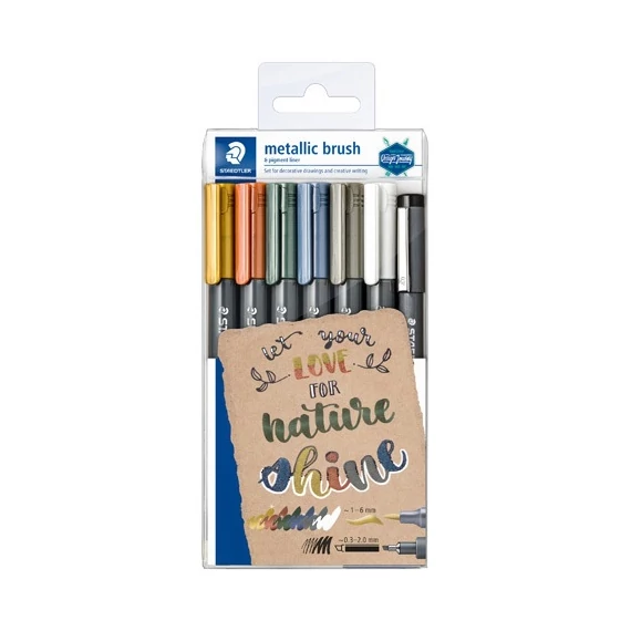 Művészeti ecsetfilc Staedtler Design Journey metálszínű+fehér 6 db-os klt. + fekete tusfilc
