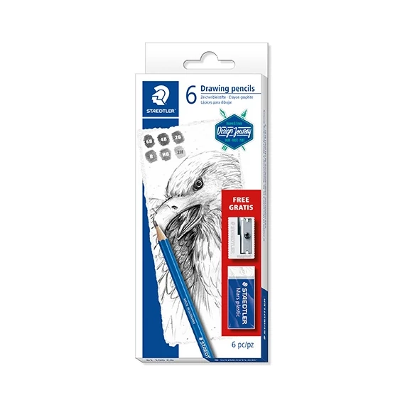 Művészeti grafitirón Staedtler Design Journey Lumograph + hegyező + radír 8 db-os szett