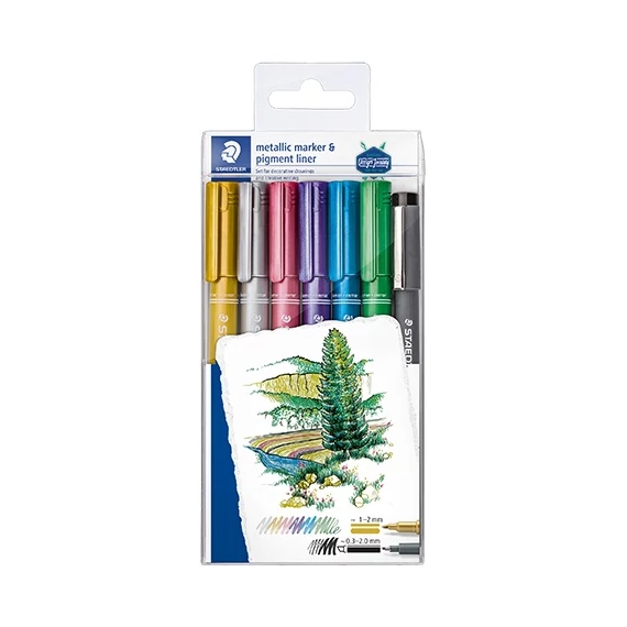 Művészeti marker Staedtler Design Journey metálszínű 6 db-os klt. + fekete tusfilc