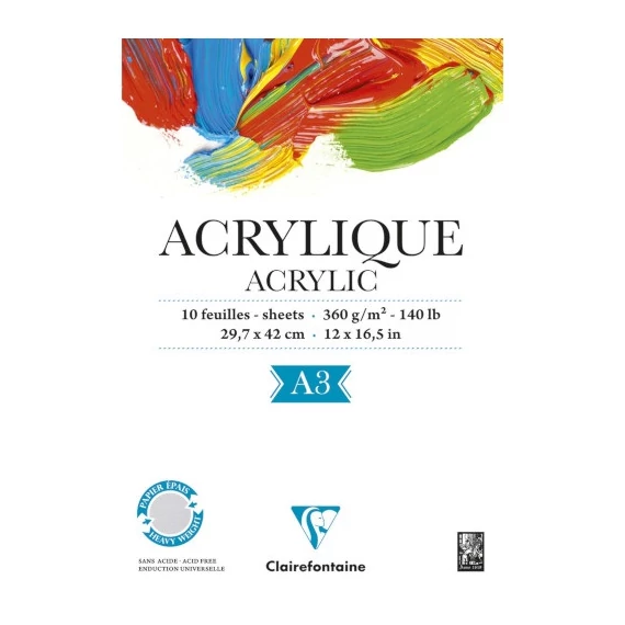 Művészeti rajztömb Clairefontaine Acrylic A/3 10 lap 360g ragasztott fehér