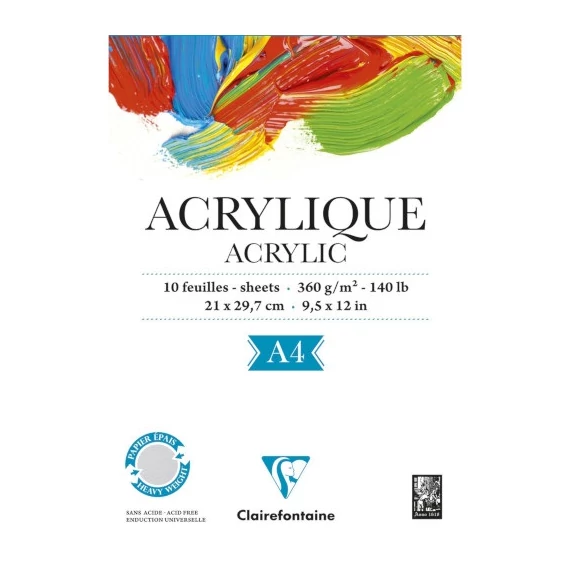 Művészeti rajztömb Clairefontaine Acrylic A/4 10 lap 360g ragasztott fehér