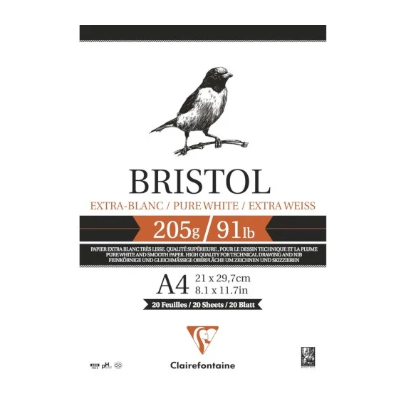 Művészeti rajztömb Clairefontaine Bristol A/4 20 lap 205g ragasztott fehér
