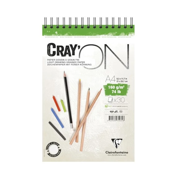 Művészeti rajztömb Clairefontaine CrayON A/4 30 lap 160g spirálos fehér