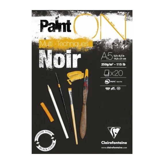 Művészeti rajztömb Clairefontaine PaintON A/5 20 lap 250g ragasztott fekete enyhén szemcsés