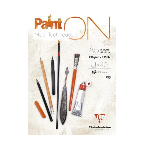 Művészeti rajztömb Clairefontaine PaintON A/5 40 lap 250g ragasztott fehér enyhén szemcsés