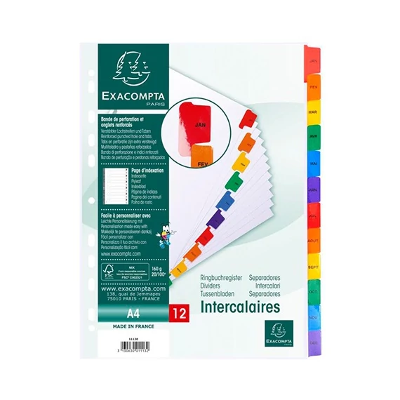 Regiszter karton Exacompta A/4 Jan-Dec 12 részes fehér, színes laminált fülekkel